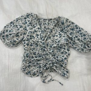 Vici Blue Floral Ruched Blouse